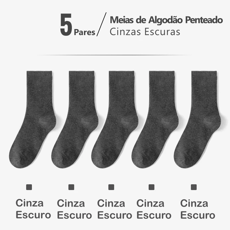 Meias de Algodão Penteado Cano Médio - 5 pares