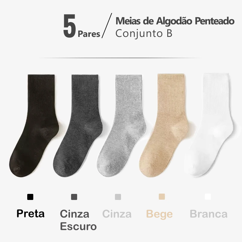 Meias de Algodão Penteado Cano Médio - 5 pares