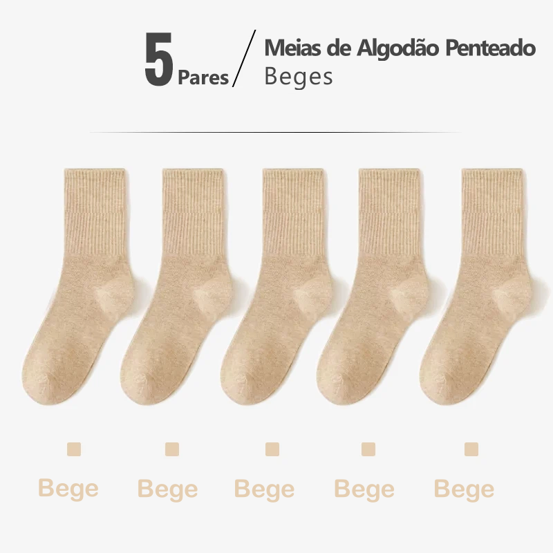 Meias de Algodão Penteado Cano Médio - 5 pares