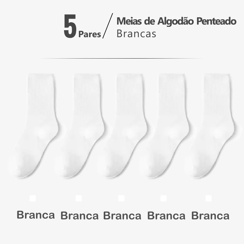 Meias de Algodão Penteado Cano Médio - 5 pares