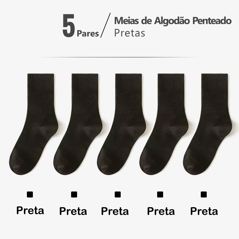 Meias de Algodão Penteado Cano Médio - 5 pares